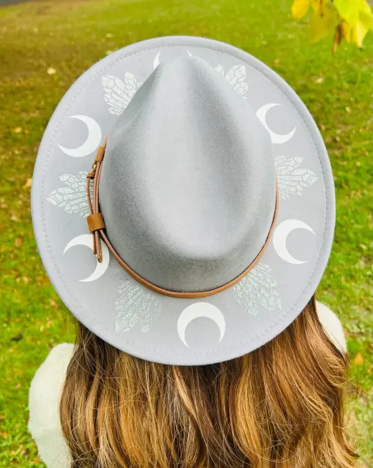 Grey Moons & Crystals Vegan Felt Wide Brim Hat