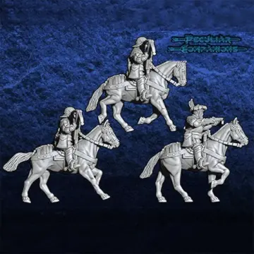 Unpainted 28mm 3D-printed mounted crossbowmen skirmish cavalry, 3 miniatures — tabletop miniatures for historical wargaming, D&D & Pathfinder