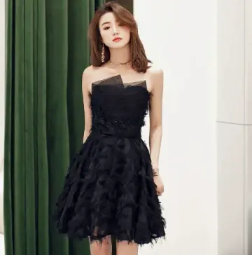 Elegant Black A-Line Strapless Tulle Birthday Dress Quinceanera Dress with Embroidery RS015