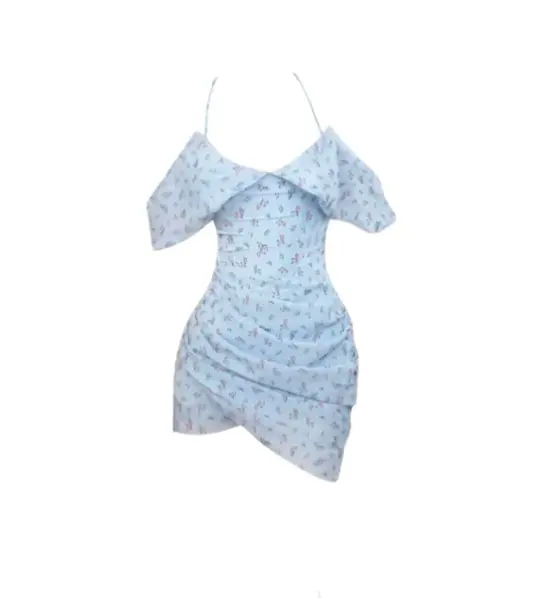 Sexy and alluring halter-neck floral dress, summer style, pleated, slimming, bodycon mini skirt R9068