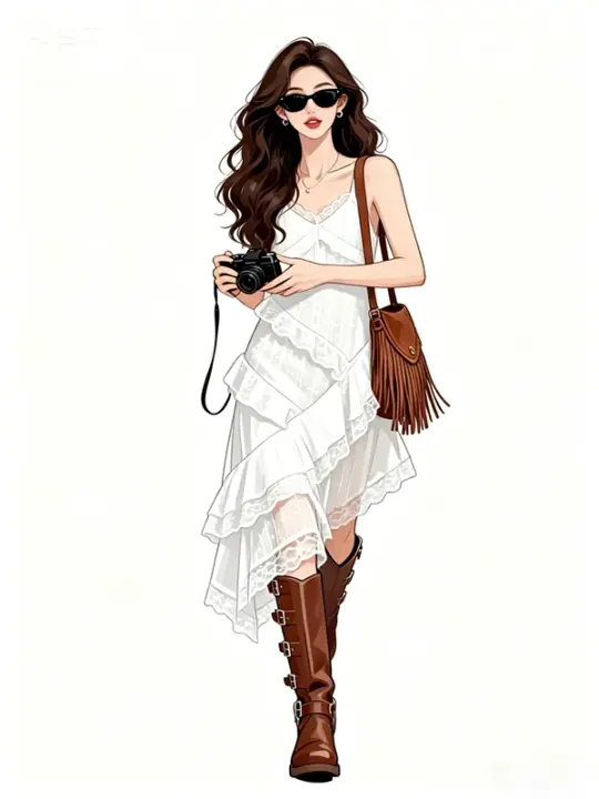 French-style white vacation cake-style A-line sundress R9077
