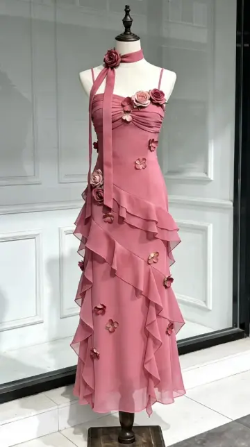 Dreamy Pink Prom Gown ,3D Floral Corset Flowy Maxi Summer Dress Cocktail Dress RS1271