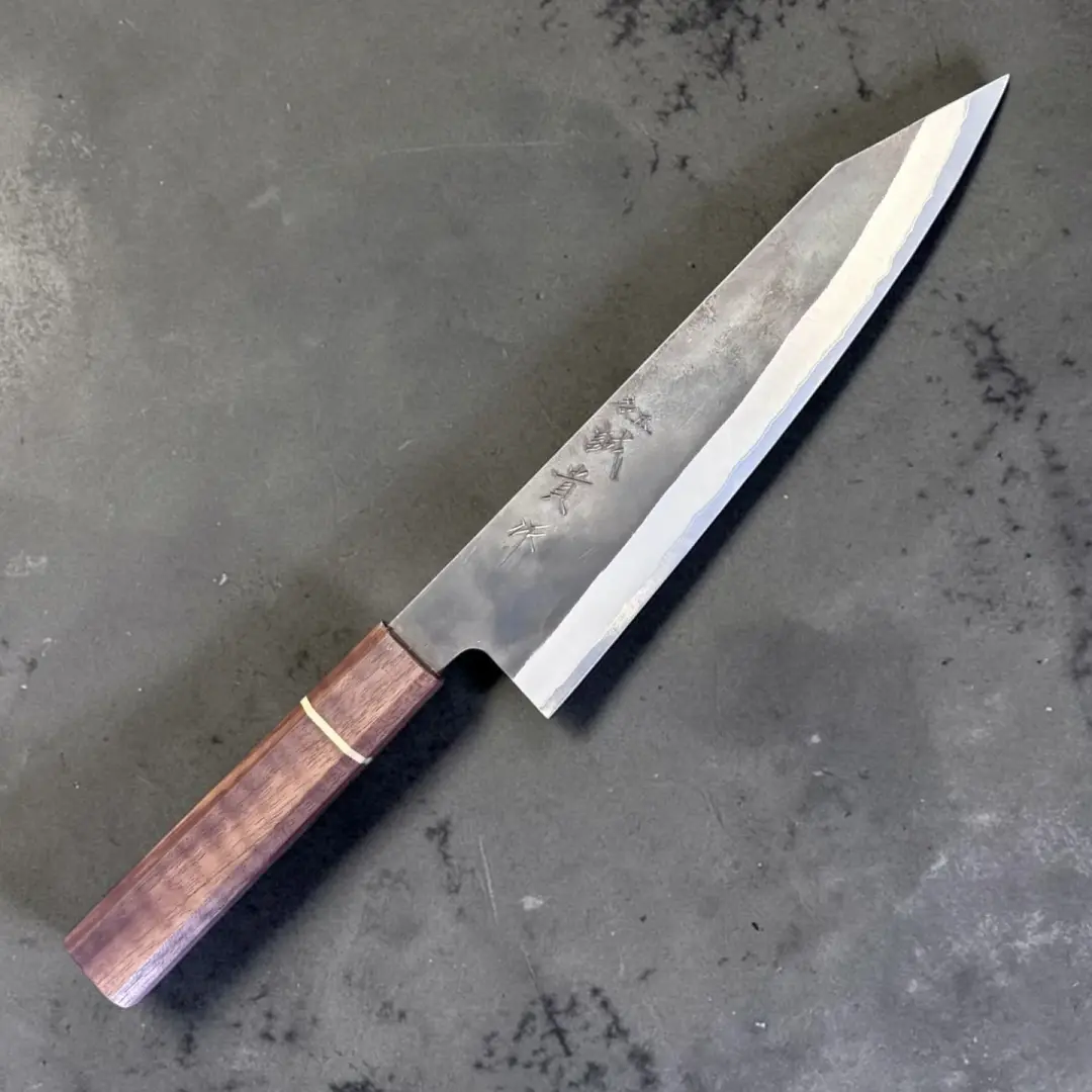 Shigeki Tanaka Stainless-Clad Blue #2 Kurouchi Kiritsuke 210mm with Sanjo Walnut Handle