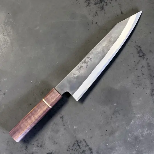 Shigeki Tanaka Stainless-Clad Blue #2 Kurouchi Kiritsuke 210mm with Sanjo Walnut Handle