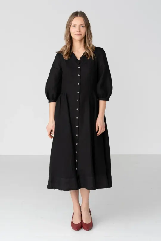 Ophelia – Puff Sleeve Ruffled V-Neck Linen Midi Dress