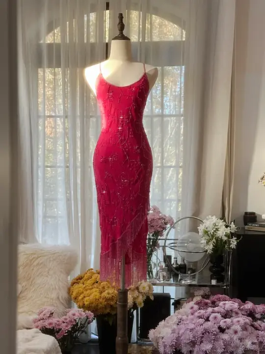 Rose pink halter-neck fitted bodycon long ball gown R7702