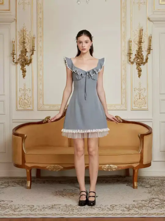 Preppy Style Ruffle Strap A-Line Mini Dress with Lace Trim R9153