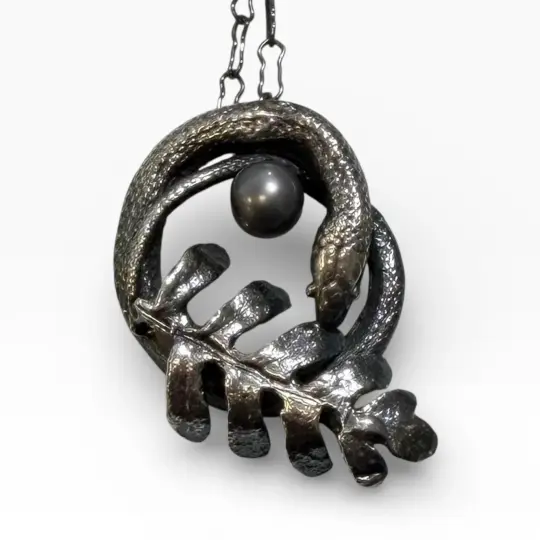 Sterling Silver Petite Snake Pendant with Black Pearl
