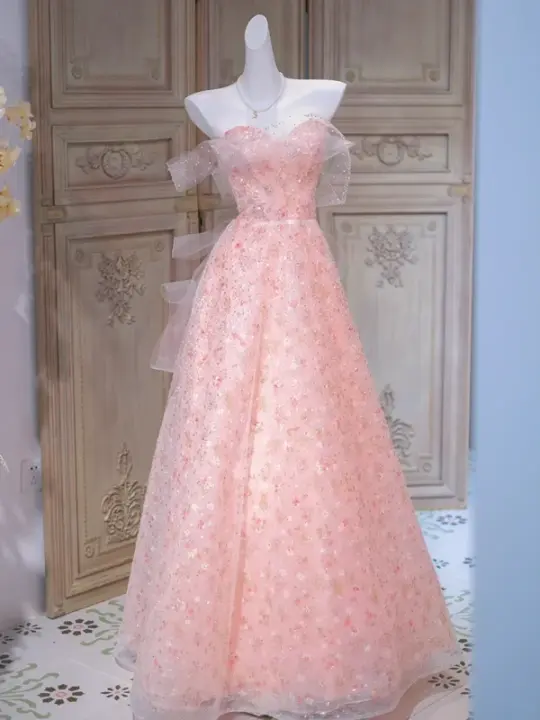Pink floral one-shoulder slim waist A-line maxi ball gown bridal gown R5859