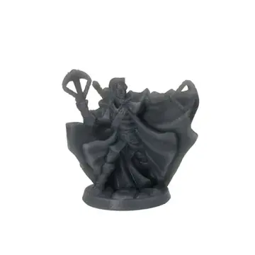 Unpainted 32mm 3D-printed snarling crossbowman with a hand crossbow in each fist and a vast sweeping cloak — tabletop RPG miniature for D&D, Pathfinder & wargaming
