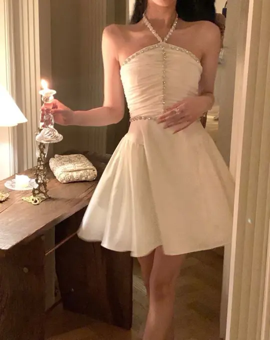 White halter neck diamond tube top pleated waist slim short skirt homecoming dress R3936