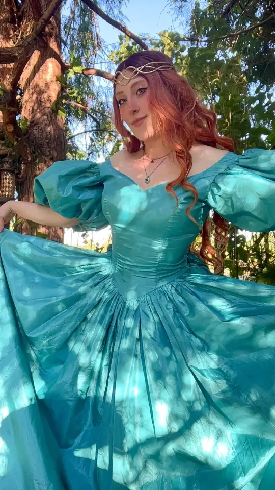 Pemberley Puff Sleeve Teal Moiré Taffeta Gown with Statement Bow Back