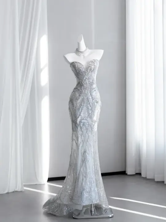 Light gray-blue strapless, fitted, bodycon, fishtail long ball gown R8431