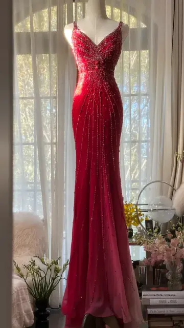 Pink halter-neck fitted slim-fit sexy rhinestone long ball gown R7727