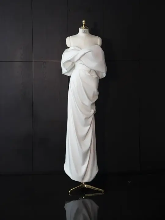 White satin off-the-shoulder fitted long ball gown/bridal dress R8957