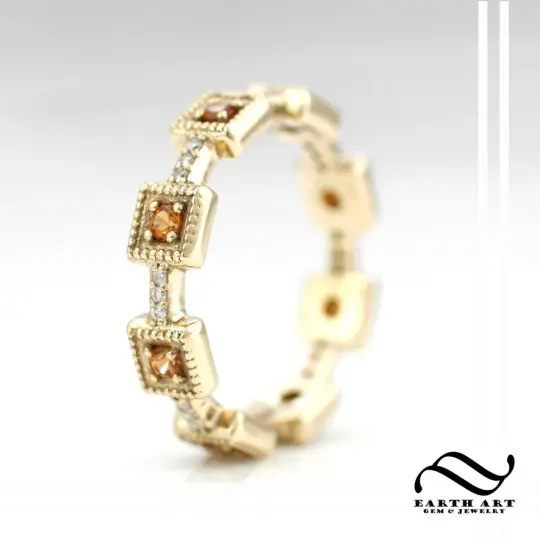 Spessartite, Diamonds and Gold wedding band or anniversary ring