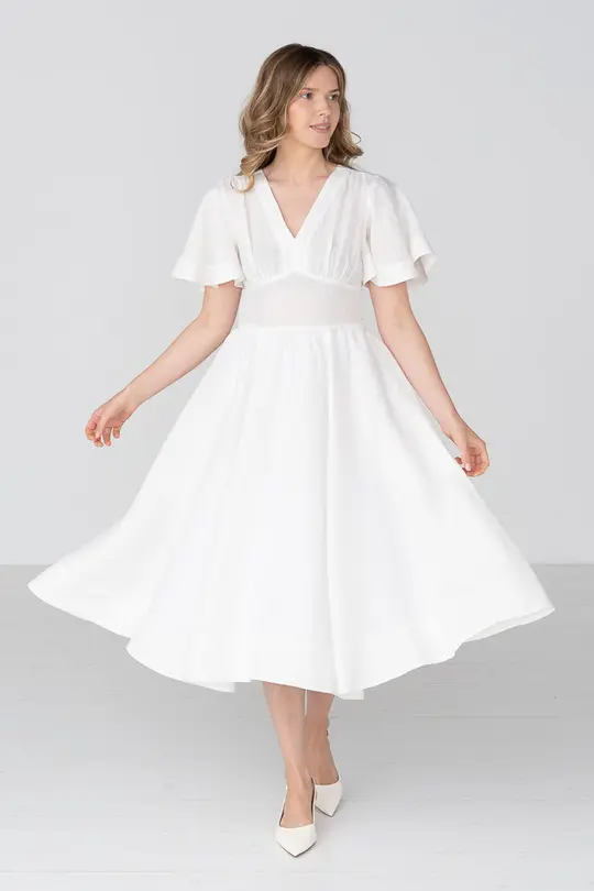 Daisy – V-Neck Linen Dress with Bow Waist Tie