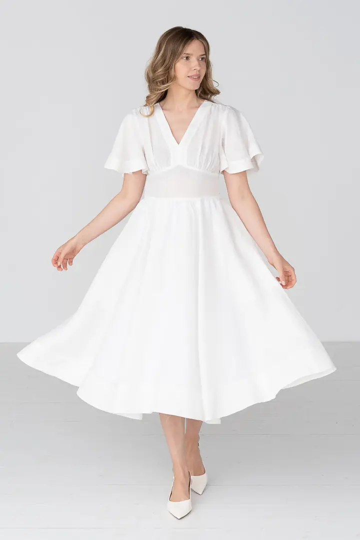 Daisy – V-Neck Linen Dress with Bow Waist Tie