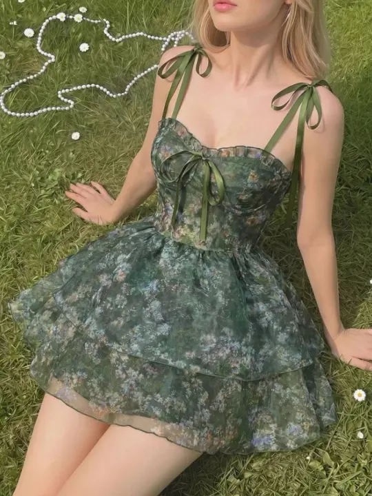 Charming Bud Green Floral Homecoming Dress , Flowy Chiffon Mini Summer Dress Cami Dress RS1304