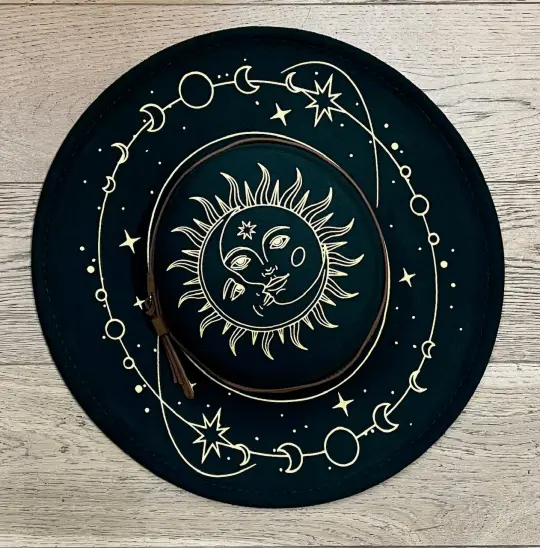 Emerald Celestial Sun & Moon Vegan Felt Flat Top Hat