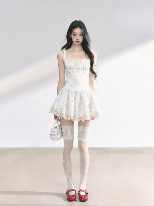 Fairycore White Floral Slip Dress with Lace Trim, Tiered Skirt and Spaghetti Straps R9275
