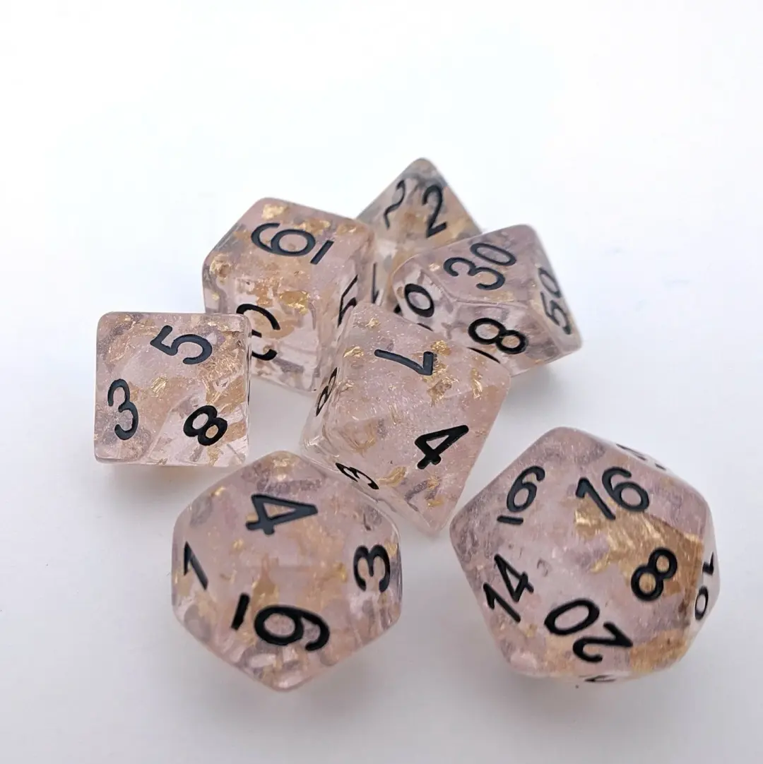 Rose Scepter Dice Set – 7-Piece Translucent Micro Glitter Gold Foil Black Font