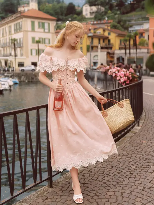 Pink Champagne French Embroidered Fishbone Dress Pink Hollow One Shoulder Maxi Dress R5111