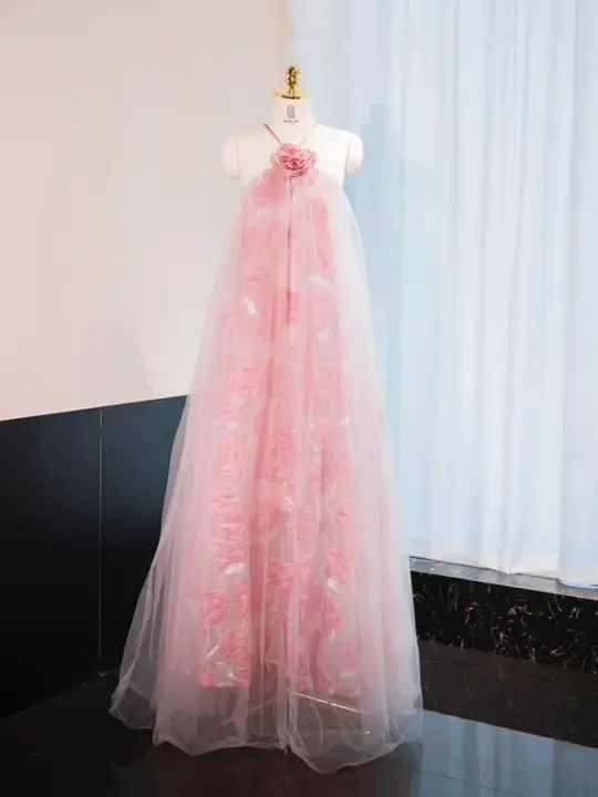 Pink halter-neck straight-cut long ball gown, bridal dress R9012