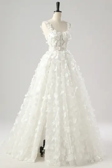 French Chic White A-Line Spaghetti Straps Applique Maxi Wedding Dress RS458