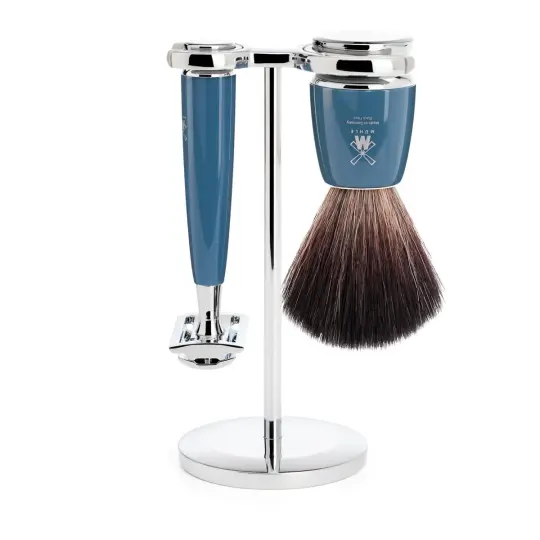 MÜHLE RYTMO 3 Pc. Shaving Set, Black Fibre Brush & Safety Razor, Petrol