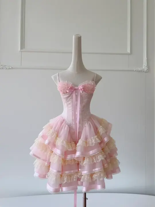 Pink suspender floral waist slim cake skirt short skirt homecoming dress R5196