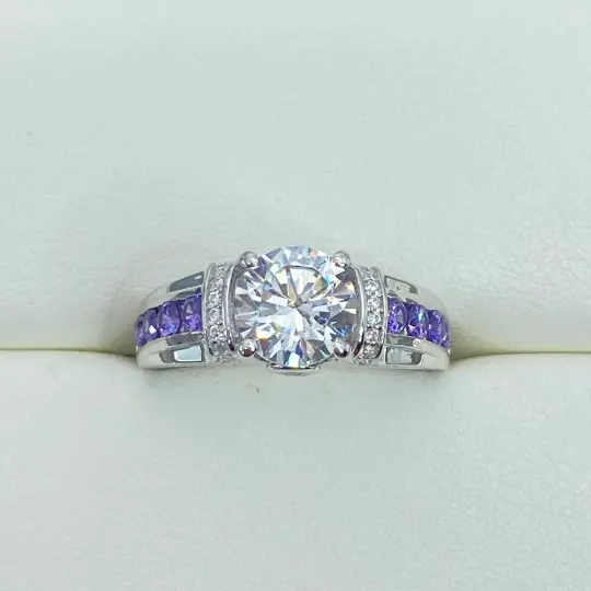 White CZ Ring, Size 8, Faux Diamond and Purple Amethyst Inlay Gems, Art Deco Jewelry #D220 - Ready to Ship