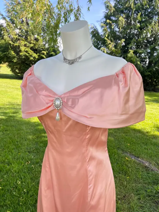 Peach Satin Off Shoulder Evening Dress with Pearl Detailing