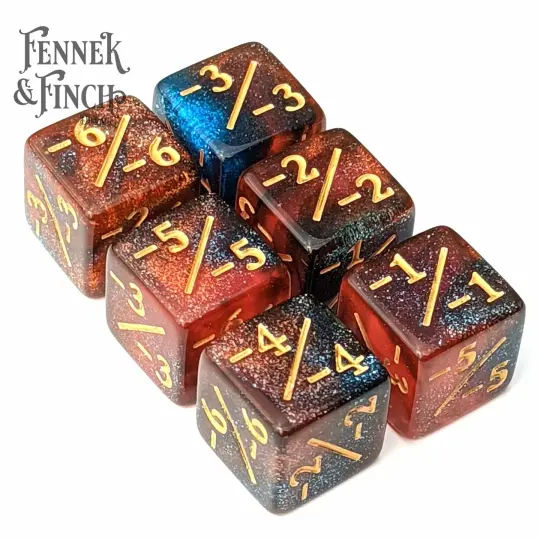 Fire and Ice D6 Counter Set – 6-Piece Red Blue Glitter Negative Dice