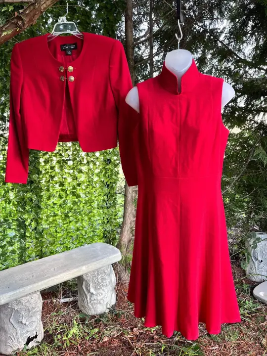 Elegant 2-piece Ensemble, Red Wool Dress & Jacket Set by Linda Allard, Ellen Tracy