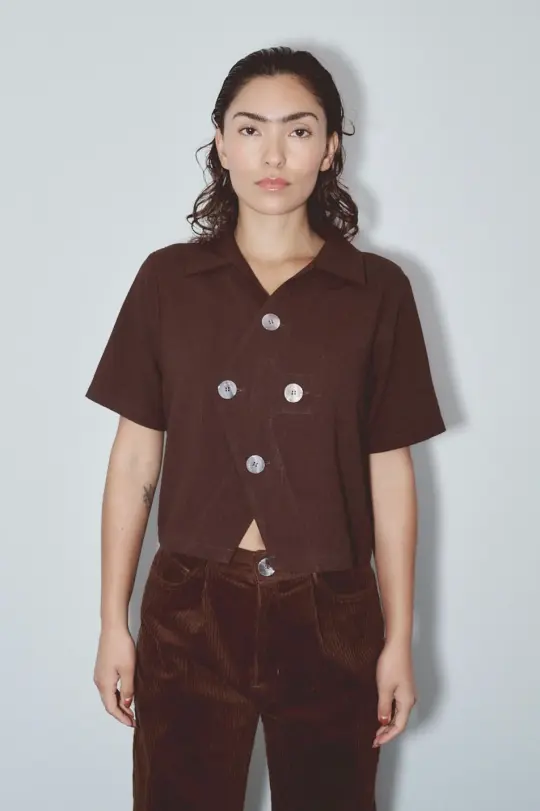 Quad Button Soft Linen Shirt Brown