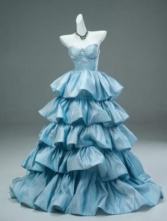 Elegant Blue Prom Gown , Silky Frilled Satin Corset Queen  Maxi Evening Dress RS1548