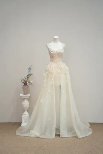 Light apricot halter-neck fitted long ball gown, bridal dress R8895