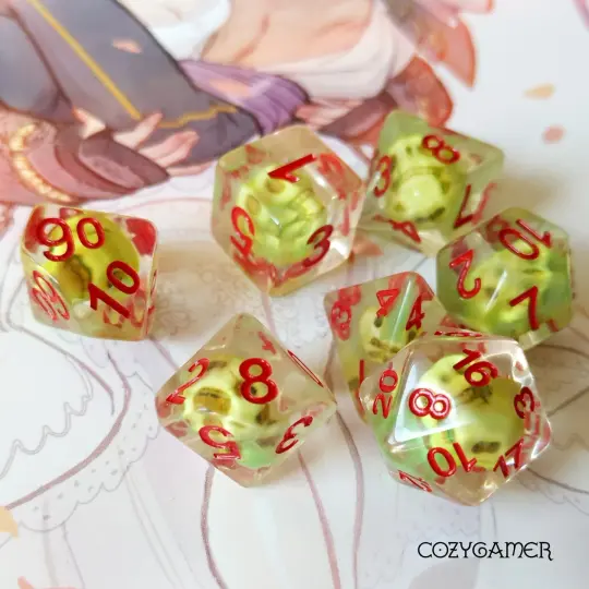 Sulfur Skull Dice Set – 7-Piece Neon Green Skull Clear Resin DnD Dice