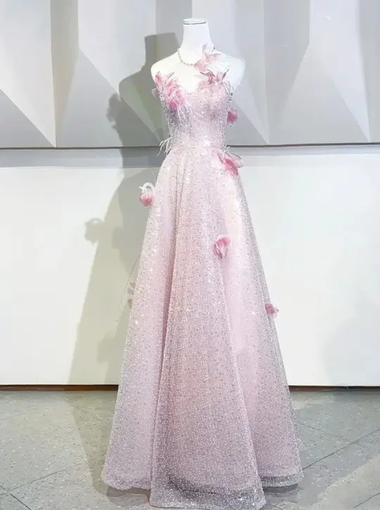 Elegant Blush Pink Prom Gown , Glitter Tulle Applique Corset Maxi Birthday Dress RS1425