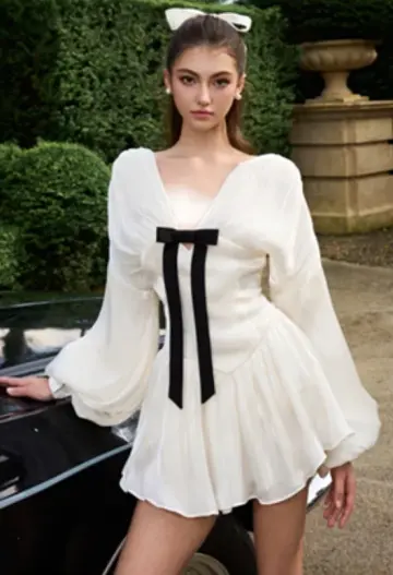 White long-sleeved chiffon skirt waist slim refreshing short skirt homecoming dress R4673