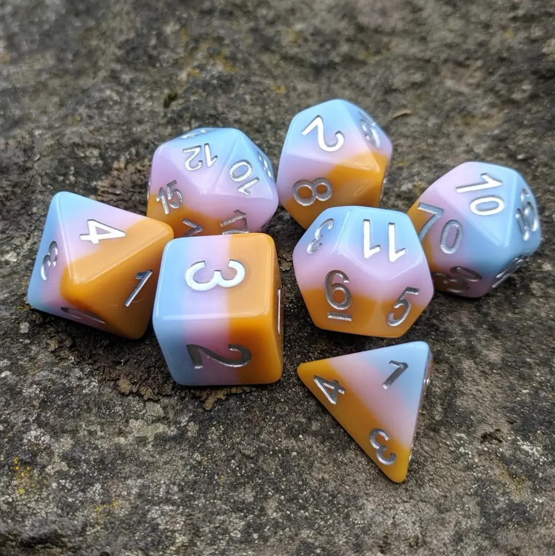 Soft Cream Dice Set – 7-Piece Opaque Pastel Pink Blue Caramel Layered DnD Dice