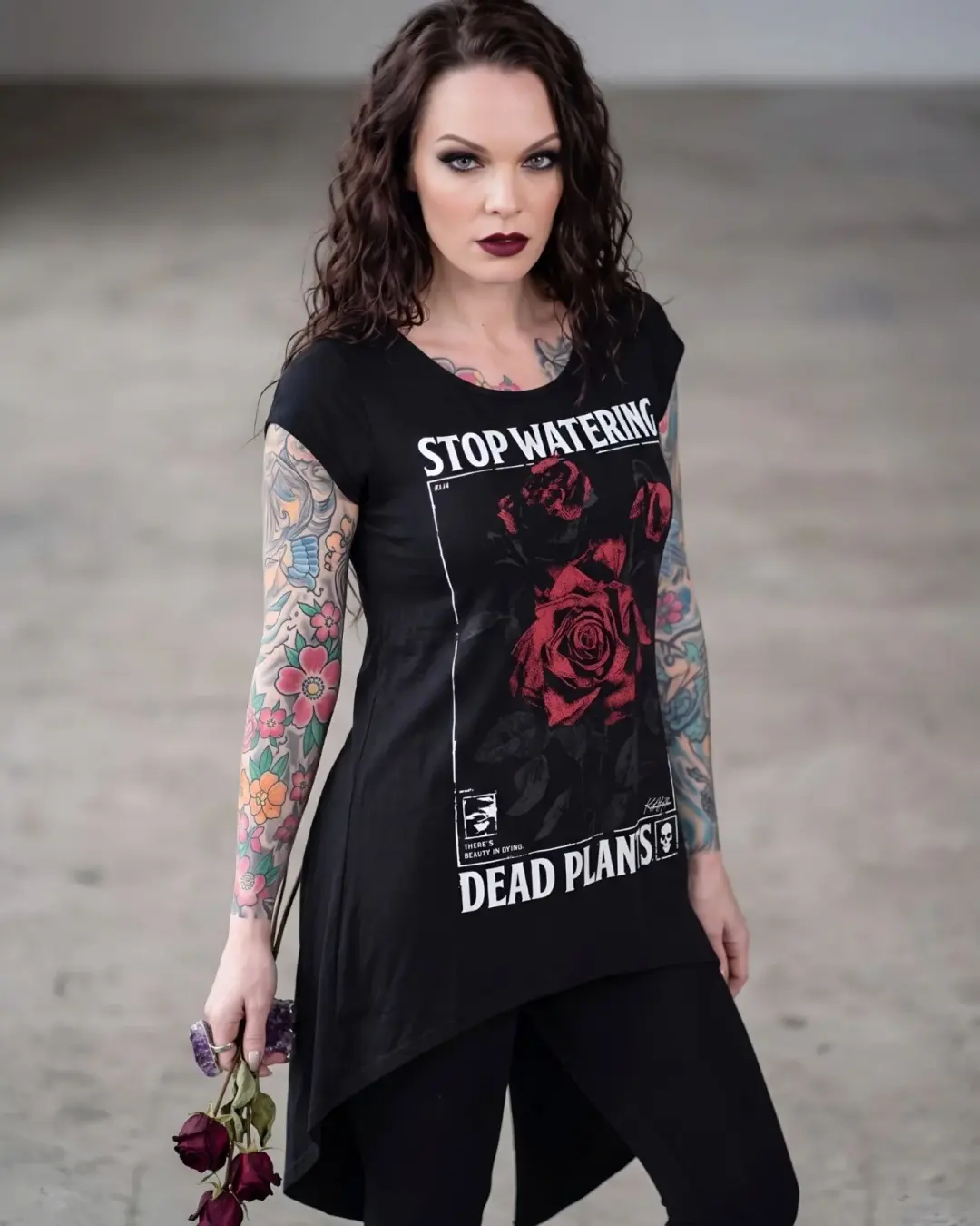 Killstar Dead Rose Stop Watering Dead Plants Slit Back Split Hem Tunic XS