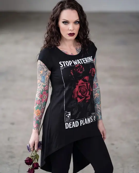 Killstar Dead Rose Stop Watering Dead Plants Slit Back Split Hem Tunic XS
