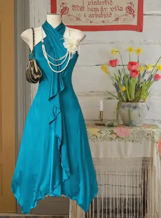 Peacock blue halter neck slim waist A-line skirt, ball gown R6242