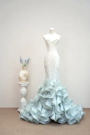 White strapless fitted bodice with light blue long skirt - ball gown R8891