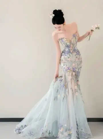 Fresh Pale Blue Prom Dress ,Mermaid Sweetheart Applique Tulle Bodycon Maxi Celebrity Dress RS1168