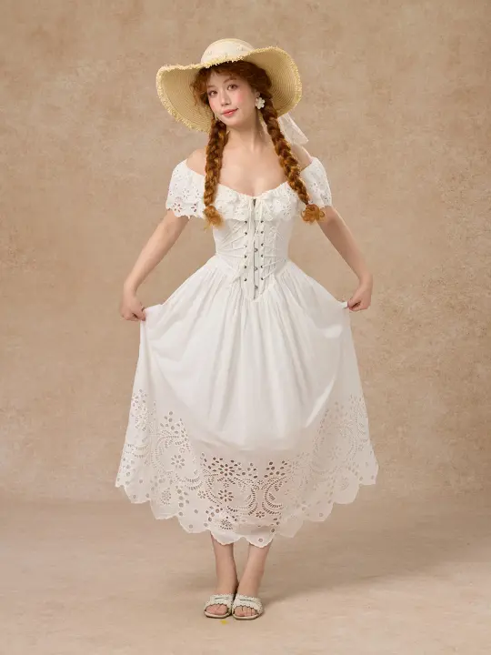 French design fishbone dress pure white hollow one shoulder long dress for women R5074