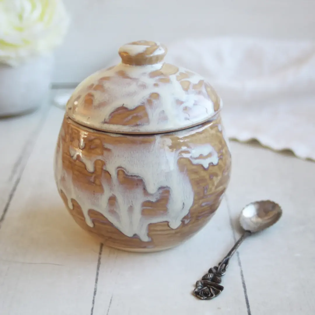 Custom Order for Kassi, Round Sugar Bowl in Dripping White and Ocher Glaze