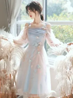 Elegant Pale Blue A-Line Spaghetti Straps Midi Dress with Tulle and Embroidery Birthday Dress Evening Dress RS030